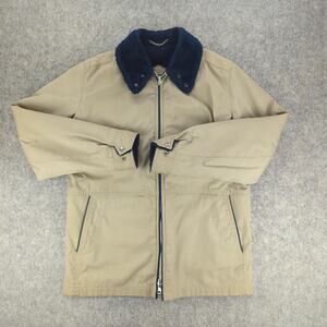 Mighty-Mac Jacket Mens XL VTG Tan Navy Sherpa Lined Collar Two Way Zip Made USA